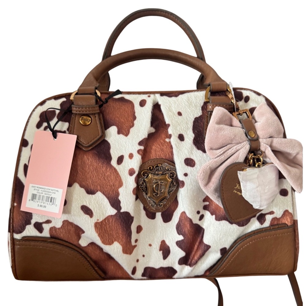 Juicy Brown Cow Western Chic Satchel Bag Crossbody Strap Charm Bag Bow Heart NWT